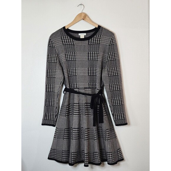Max Studio Long Sleeve Fit & Flare Belted Sweater Dress Size Large Houndstooth - Picture 8 of 8
